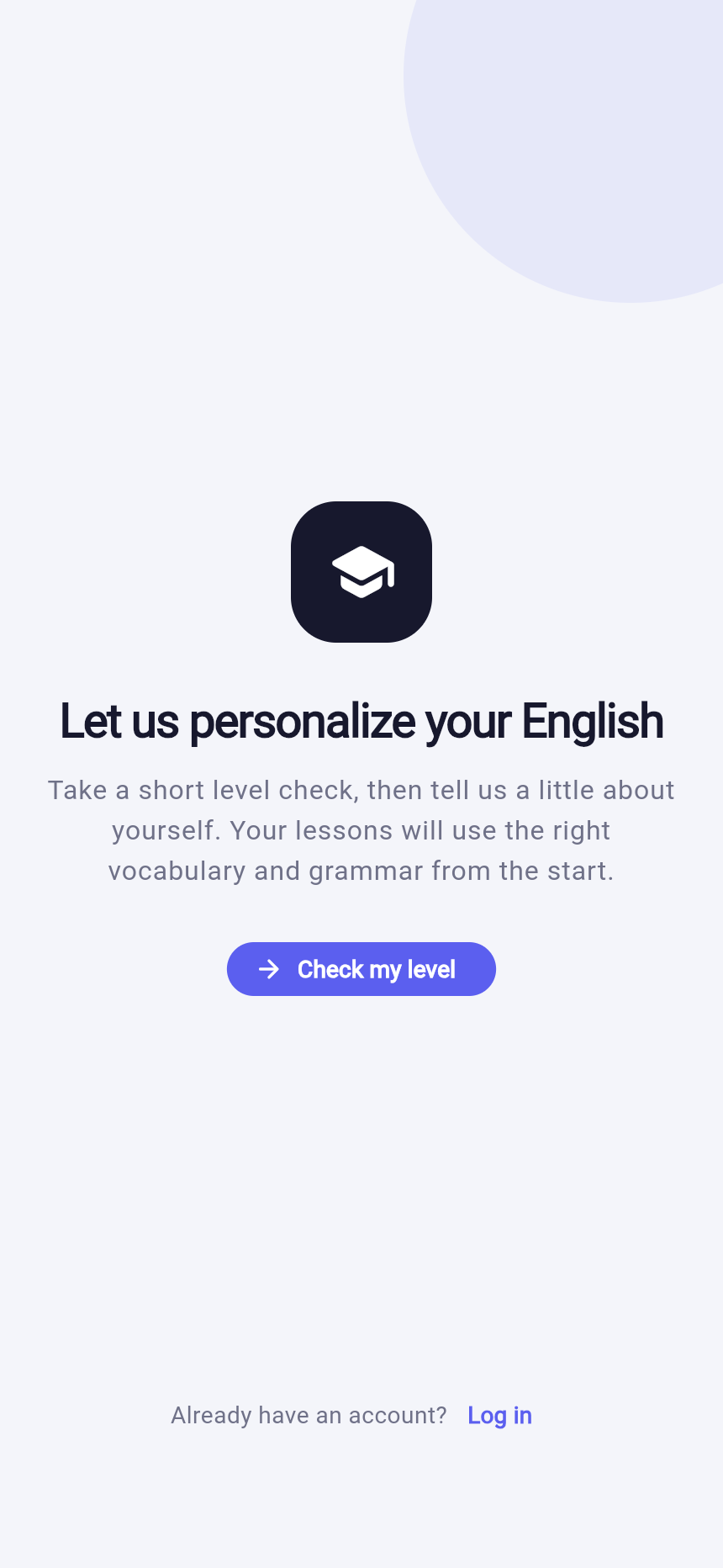 Реальный экран первого запуска English AI